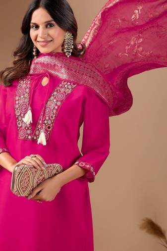 Rani Pink cotton blend embellished kurta set