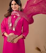 Rani Pink cotton blend embellished kurta set