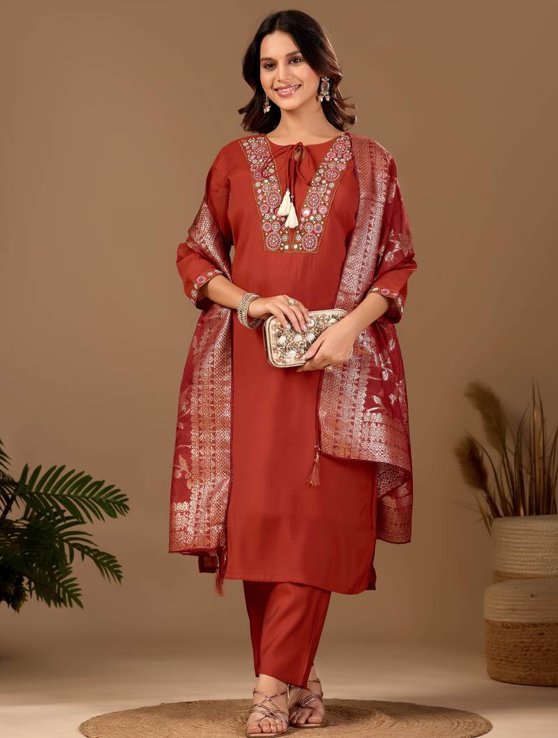 Rust cotton blend embellished kurta set