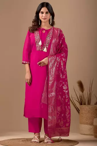 Rani Pink cotton blend embellished kurta set