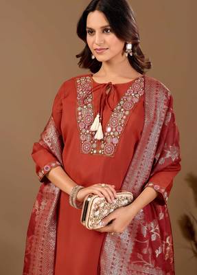Rust cotton blend embellished kurta set 5