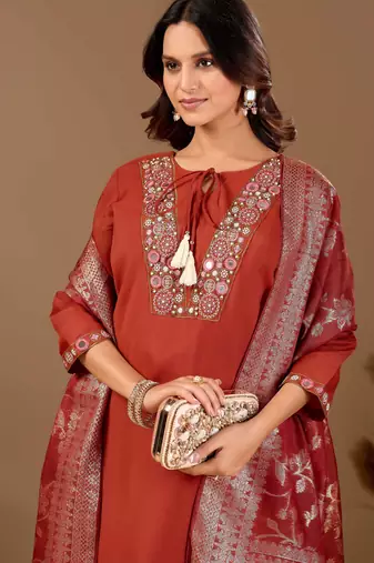 Rust cotton blend embellished kurta set