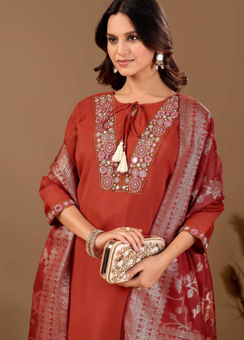 Rust cotton blend embellished kurta set