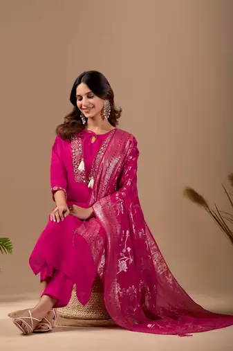 Rani Pink cotton blend embellished kurta set