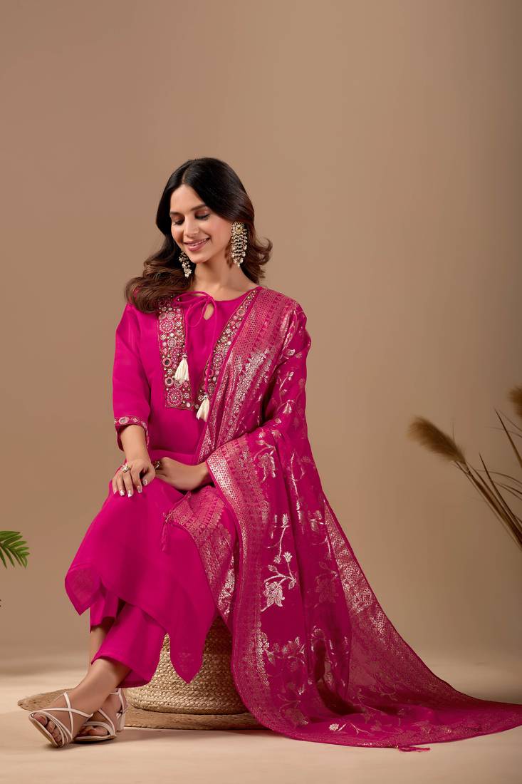 Rani Pink cotton blend embellished kurta set