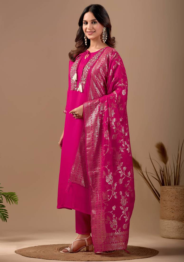 Rani Pink cotton blend embellished kurta set