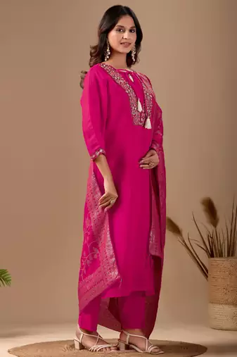 Rani Pink cotton blend embellished kurta set