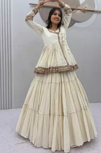 Off-White Multi Lace Cotton Navratri Lahenga Choli and Kediyu 