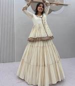 Off-White Multi Lace Cotton Navratri Lahenga Choli and Kediyu 
