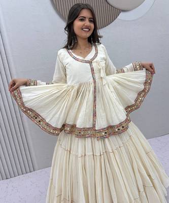 Off-White Multi Lace Cotton Navratri Lahenga Choli and Kediyu  2
