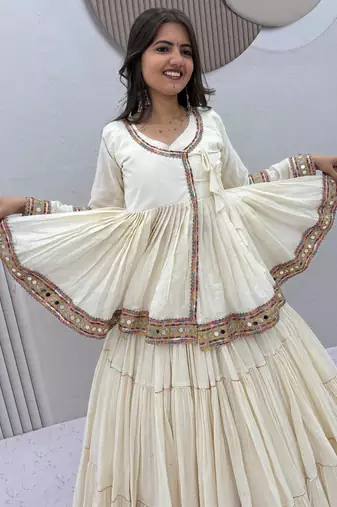 Off-White Multi Lace Cotton Navratri Lahenga Choli and Kediyu 