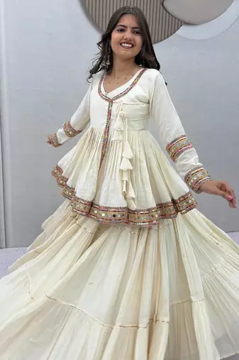 Off-White Multi Lace Cotton Navratri Lahenga Choli and Kediyu 