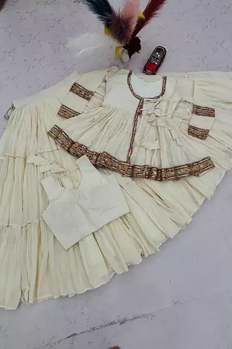 Off-White Multi Lace Cotton Navratri Lahenga Choli and Kediyu 