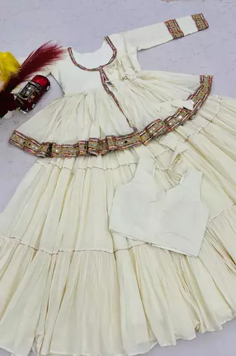 Off-White Multi Lace Cotton Navratri Lahenga Choli and Kediyu 