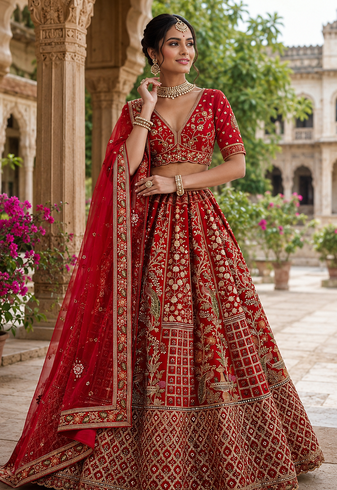 red color Embroidered Peacock and thread Real Mirror Handwork Sequins work silk blend Lehenga Choli set