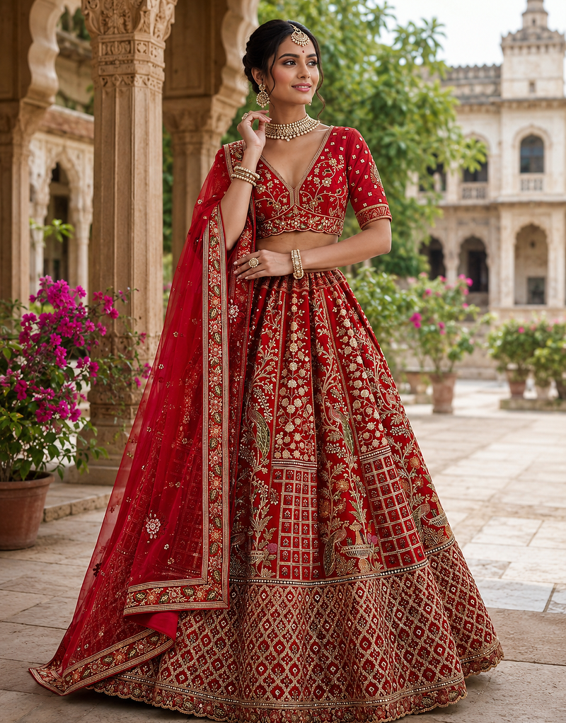red color Embroidered Peacock and thread Real Mirror Handwork Sequins work silk blend Lehenga Choli set