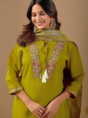 Lime cotton blend embellished kurta set 1