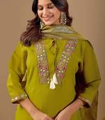 Lime cotton blend embellished kurta set