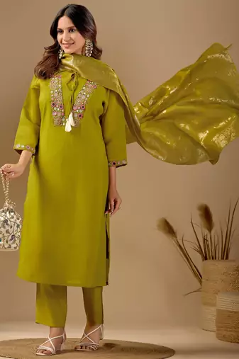 Lime cotton blend embellished kurta set