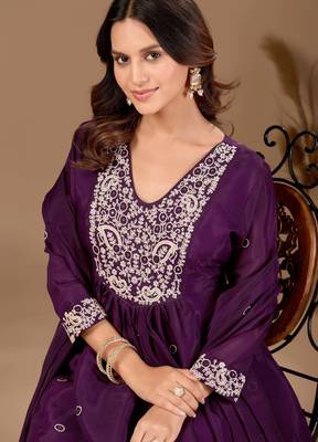 Wine cotton blend embroidered kurta set 1