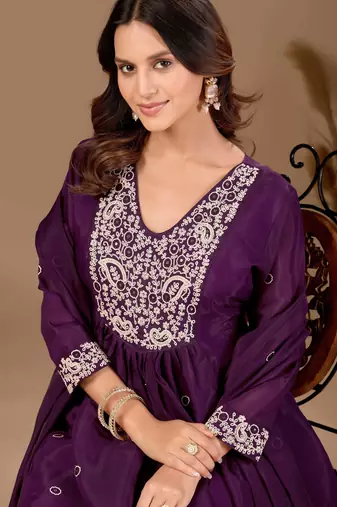 Wine cotton blend embroidered kurta set