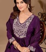 Wine cotton blend embroidered kurta set