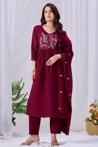 Maroon cotton embroidered kurta set