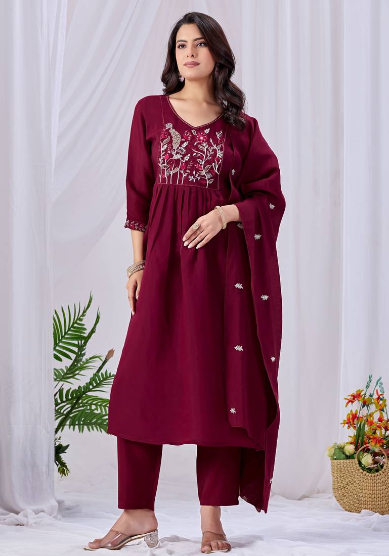 Maroon cotton embroidered kurta set
