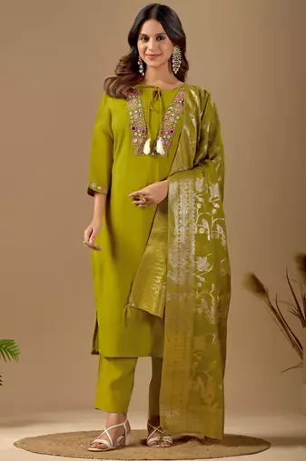 Lime cotton blend embellished kurta set