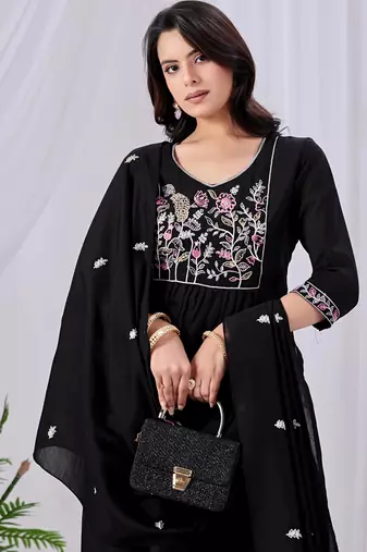 Black cotton embroidered kurta set