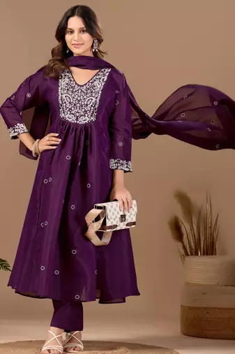 Wine cotton blend embroidered kurta set