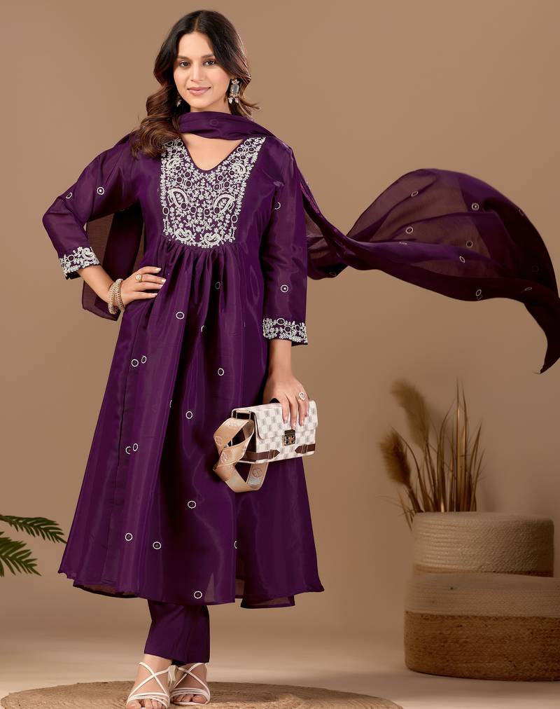 Wine cotton blend embroidered kurta set