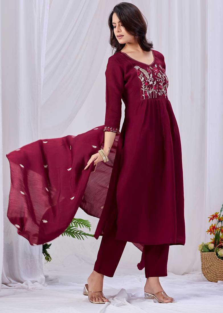 Maroon cotton embroidered kurta set