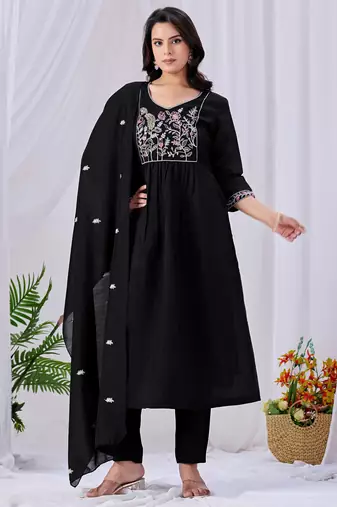 Black cotton embroidered kurta set