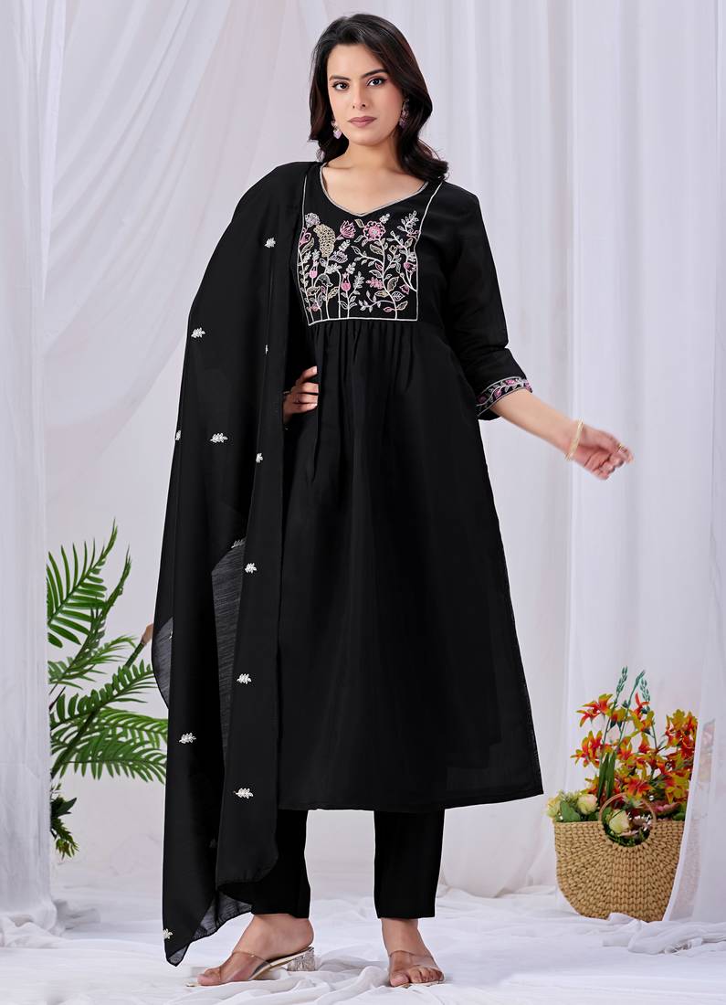 Black cotton embroidered kurta set