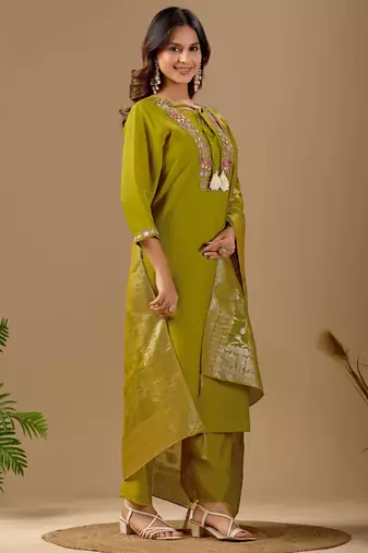 Lime cotton blend embellished kurta set