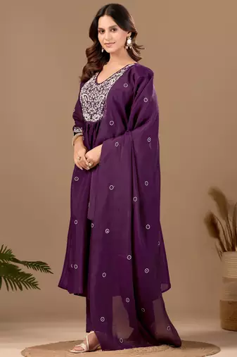 Wine cotton blend embroidered kurta set