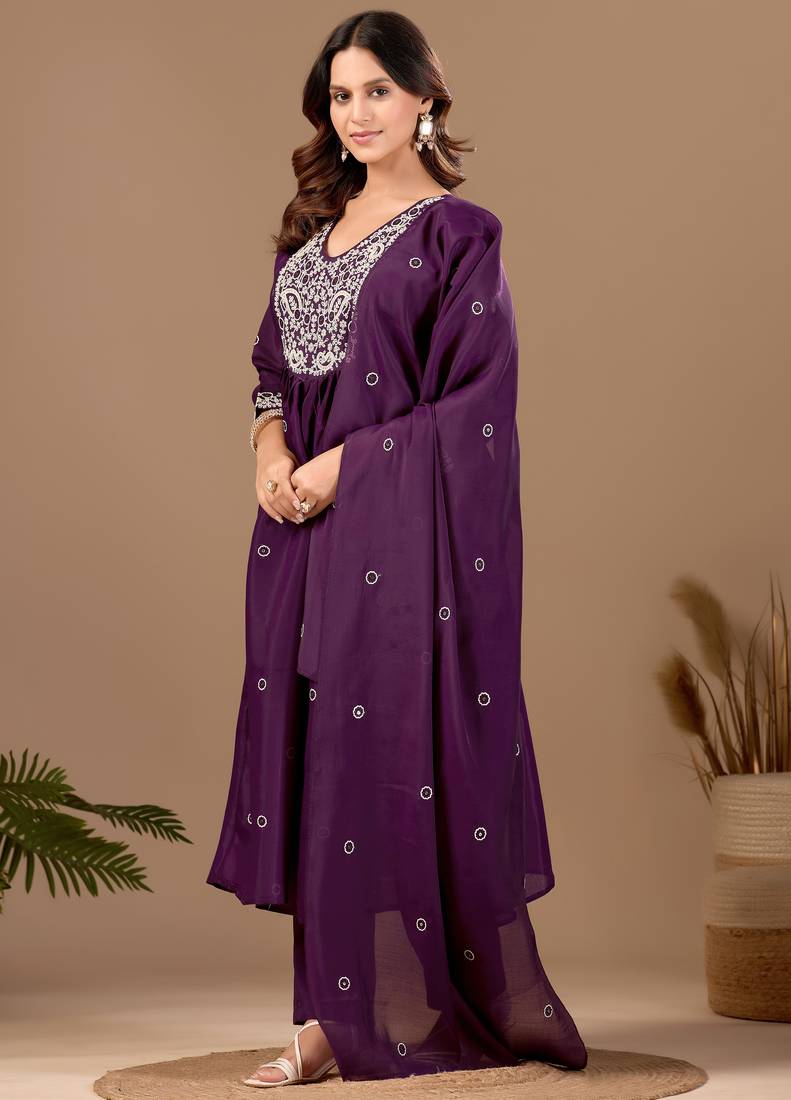 Wine cotton blend embroidered kurta set