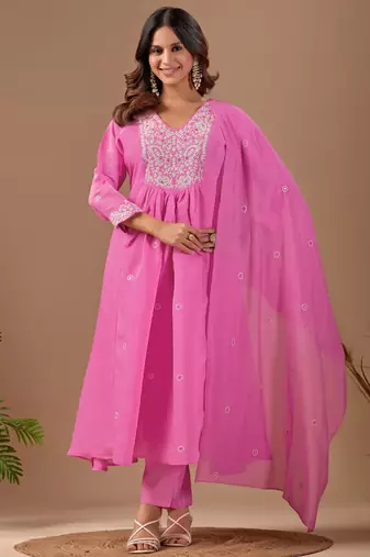 Pink cotton blend embroidered kurta set