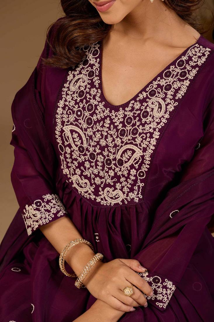 Wine cotton blend embroidered kurta set
