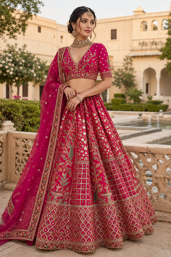 rani pink color Embroidered Peacock and thread Real Mirror Handwork Sequins work silk blend Lehenga Choli set