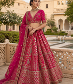 rani pink color Embroidered Peacock and thread Real Mirror Handwork Sequins work silk blend Lehenga Choli set