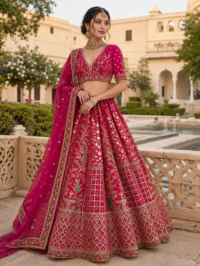 rani pink color Embroidered Peacock and thread Real Mirror Handwork Sequins work silk blend Lehenga Choli set