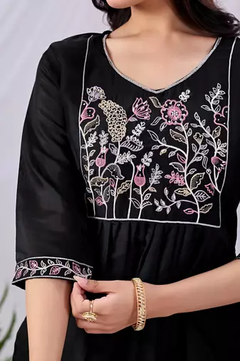 Black cotton embroidered kurta set