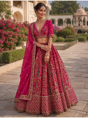 rani pink color Embroidered Peacock and thread Real Mirror Handwork Sequins work silk blend Lehenga Choli set 2