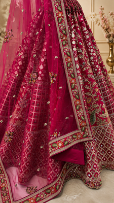 rani pink color Embroidered Peacock and thread Real Mirror Handwork Sequins work silk blend Lehenga Choli set 4