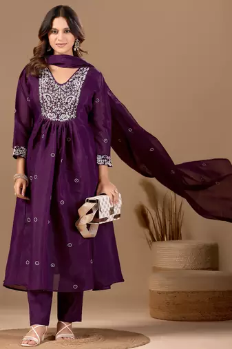 Wine cotton blend embroidered kurta set