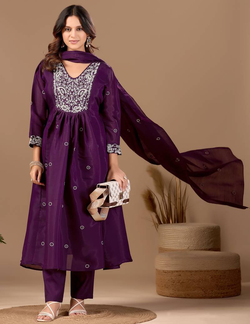 Wine cotton blend embroidered kurta set