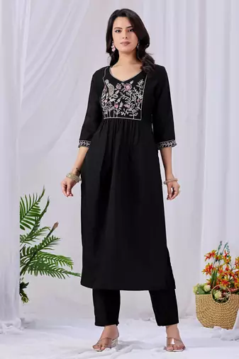 Black cotton embroidered kurta set