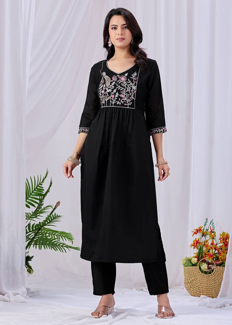 Black cotton embroidered kurta set